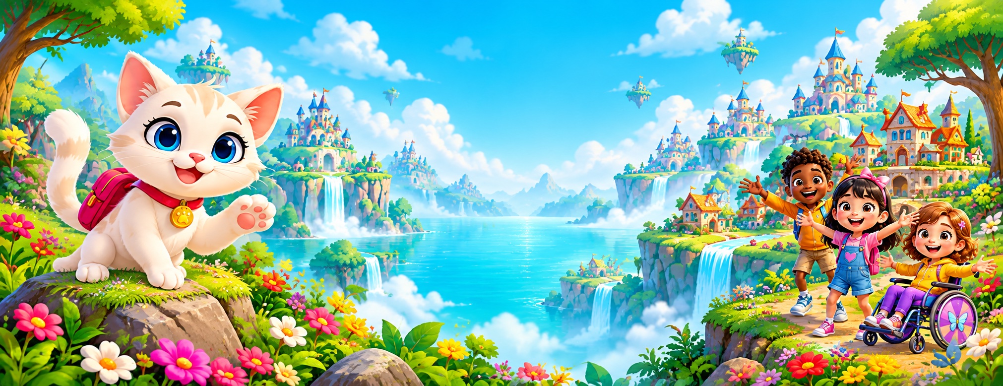 Romina et des enfants de différents horizons, dont une enfant en fauteuil, explorent des îles et des châteaux dans un monde fantastique.